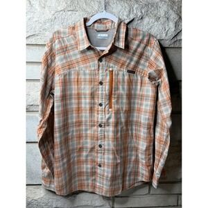 Columbia Mens Plaid Long Sleeve Button Down Shirt Orange Grey Regular Fit S/P